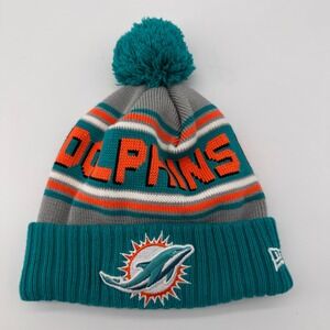 NWOT New Era Miami Dolphins NFL Sideline Pom Beanie Hat Teal Orange Gray Winter